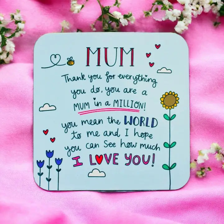 Thank You Mum Coaster with heartfelt appreciation quote and cute illustrations for Mother's Day.