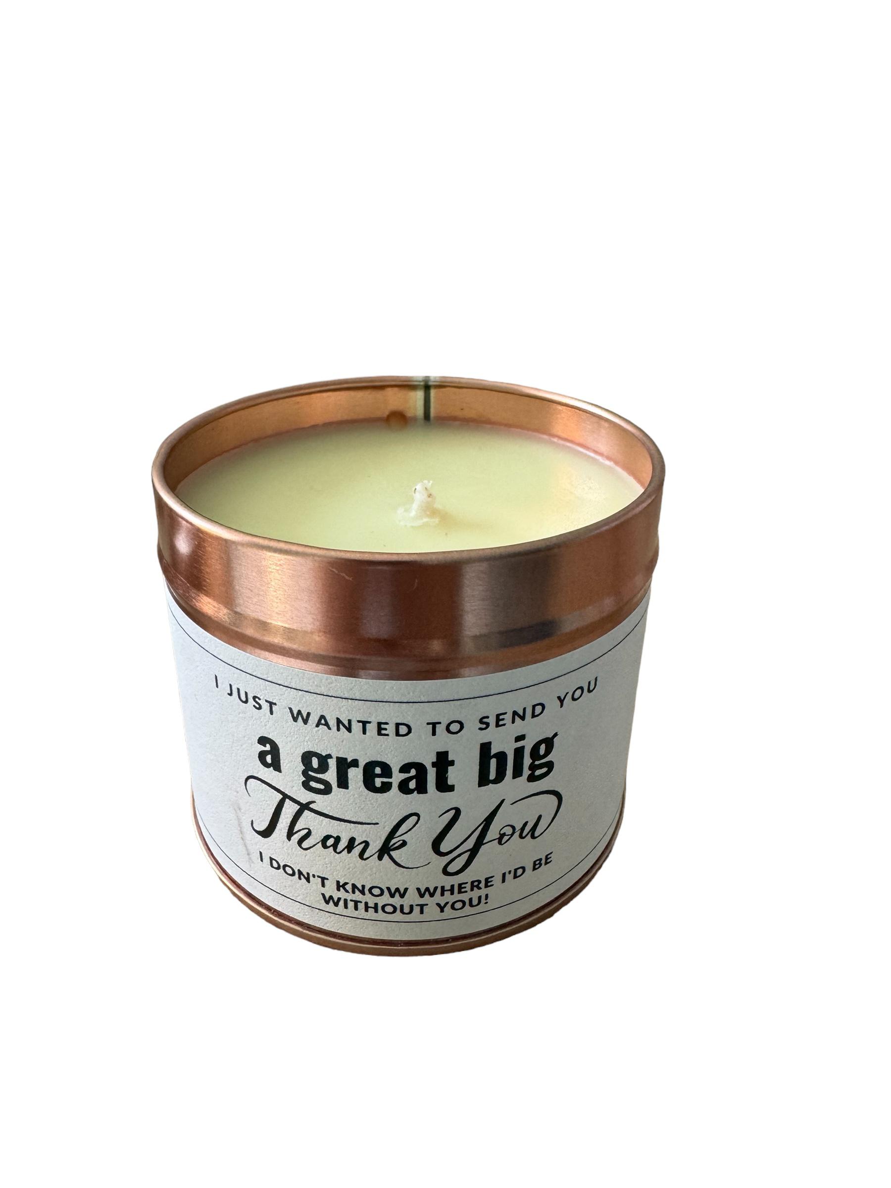 Tin candle with "A Great Big Thank You" message, perfect for gifting appreciation.