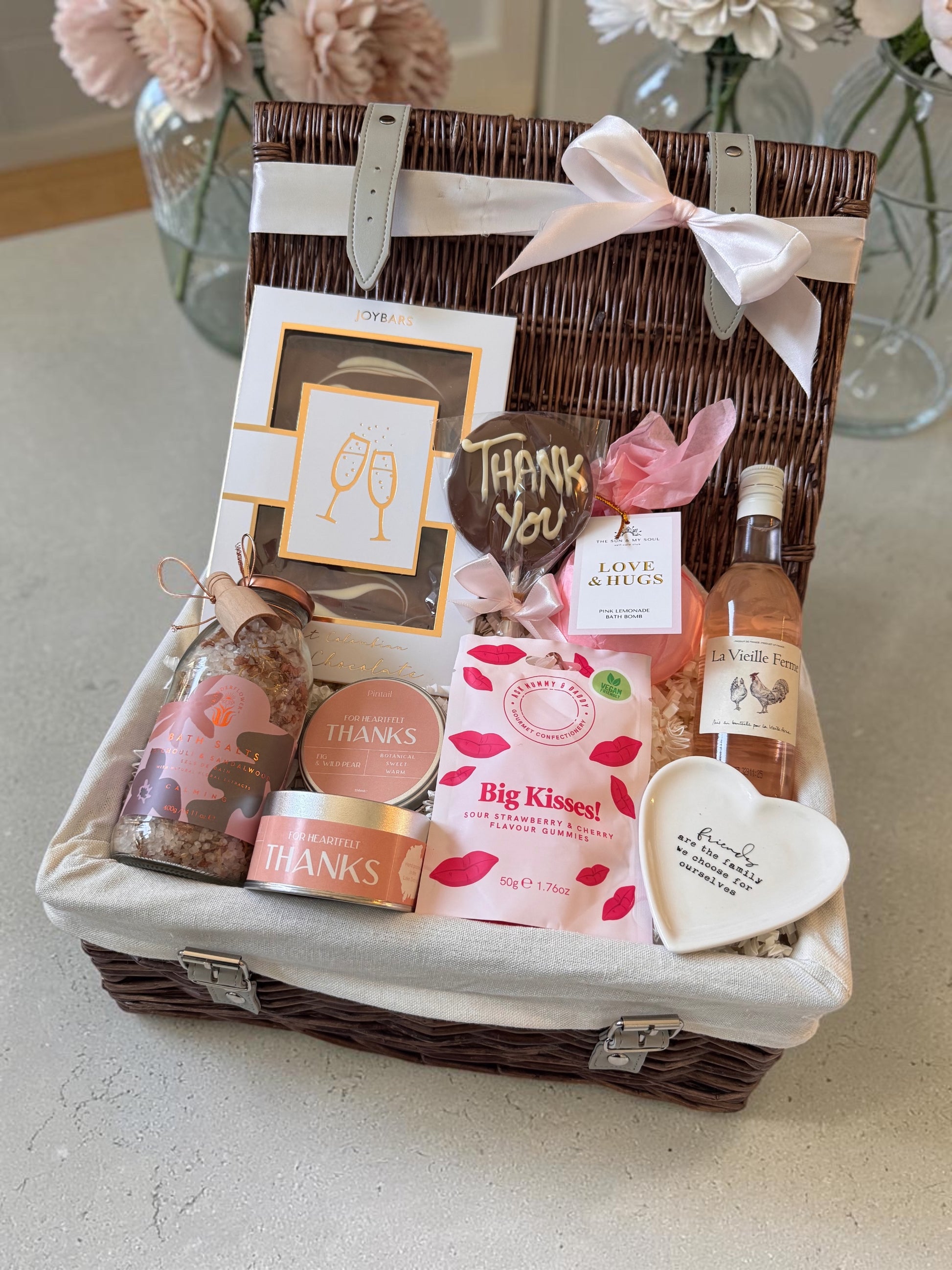 Bridesmaid thank you gift box with candle, bath salts, chocolates and keepsake dish