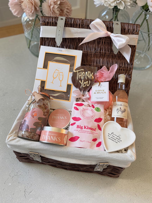 Bridesmaid thank you gift box with candle, bath salts, chocolates and keepsake dish