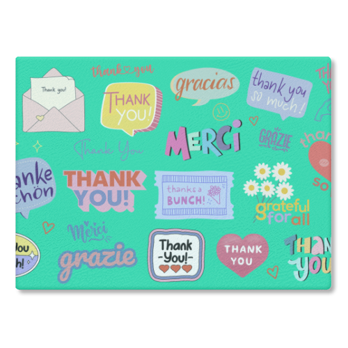 Thank You Glass Chopping Board with colorful thank you designs by Lilly Rose, 28.5cm x 39cm.