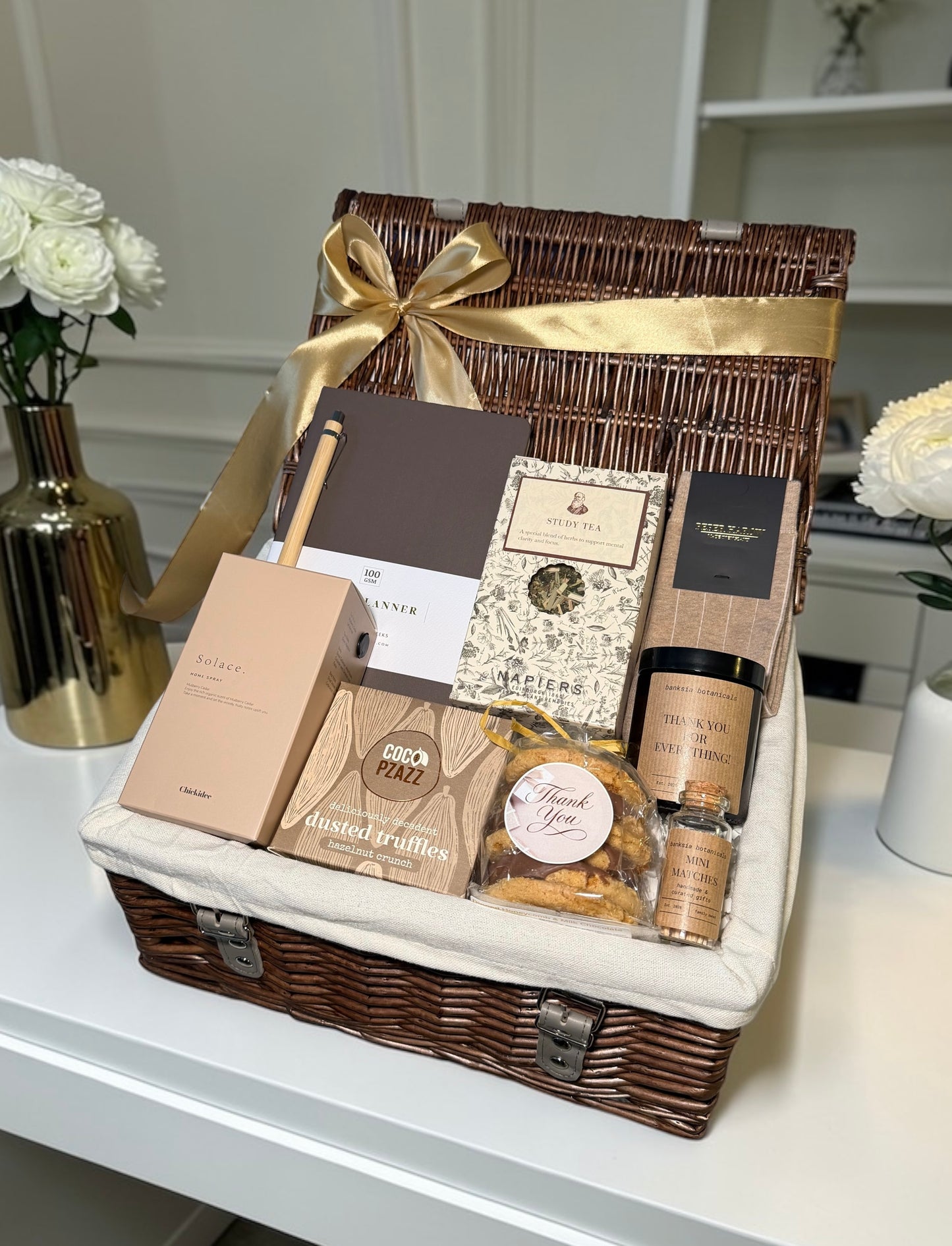 Thank You gift hamper with productivity planner, tea, Peper Harow socks, candle, chocolates, truffles and clay home spray.