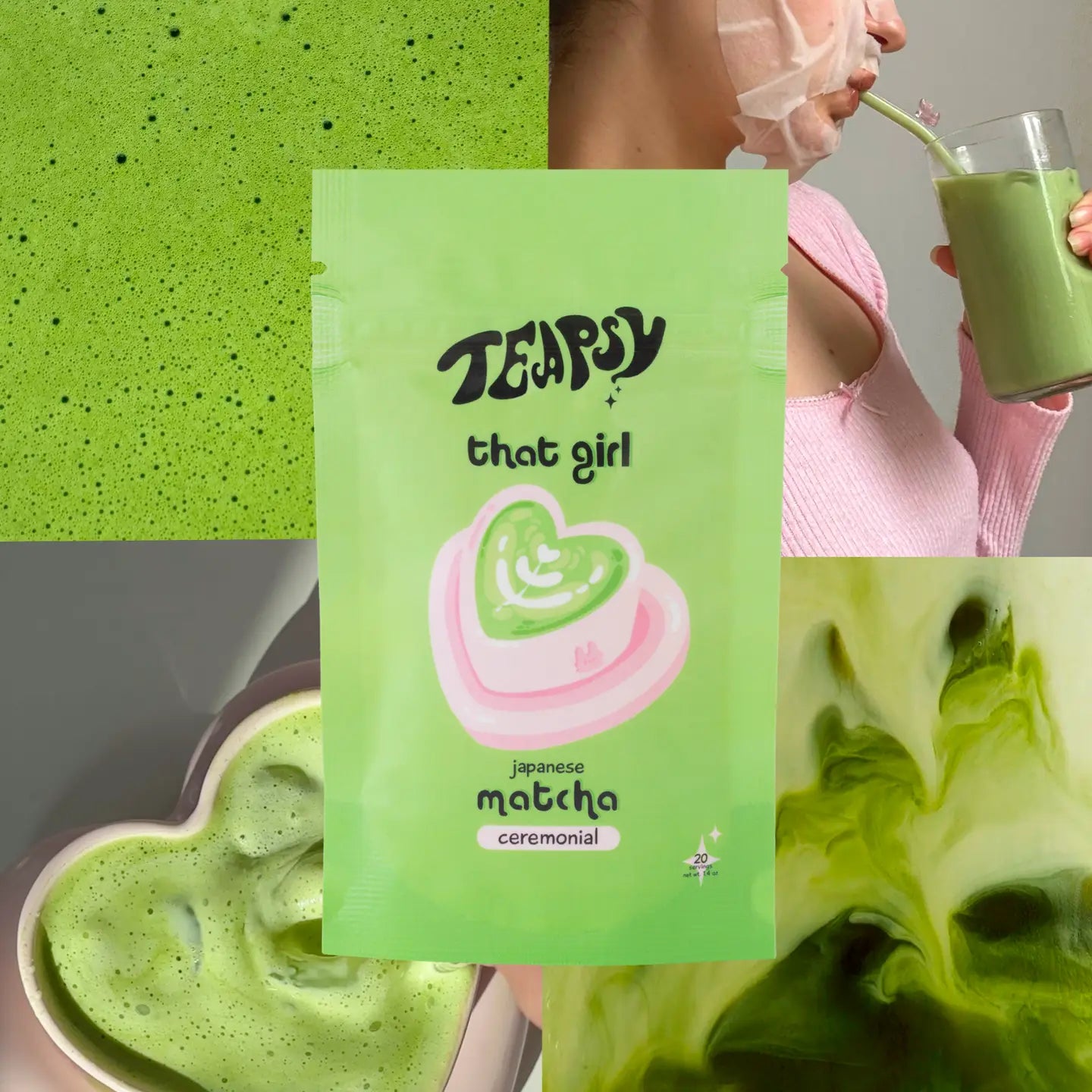 “That Girl” ceremonial grade matcha powder in packaging, pure matcha with no added flavourings