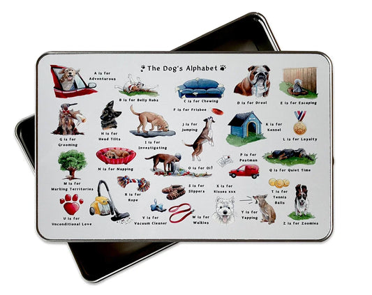Dog's Alphabet Storage Tin with playful dog-themed illustrations for each letter.
