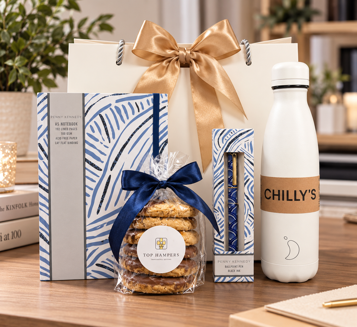 Everyday Essentials Gift Bag featuring a white Chilly's bottle, blue patterned notebook, matching pen and chocolate-dipped biscuits with gold ribbon gift bag.