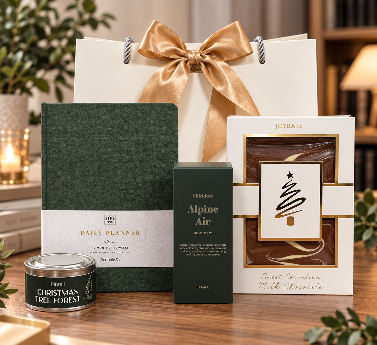 Festive Focus Gift Bag featuring a green daily planner, Alpine Air home spray, Christmas Tree Forest candle and Joybars milk chocolate with gold ribbon.