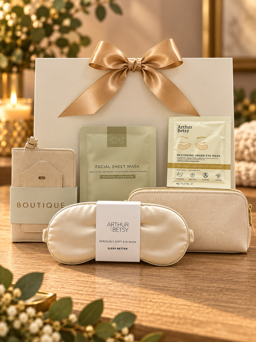 The Chic Traveller Gift Set brings a passport holder and luggage tag, cosmetic bag, silky sleep mask and hydrating face and eye masks.