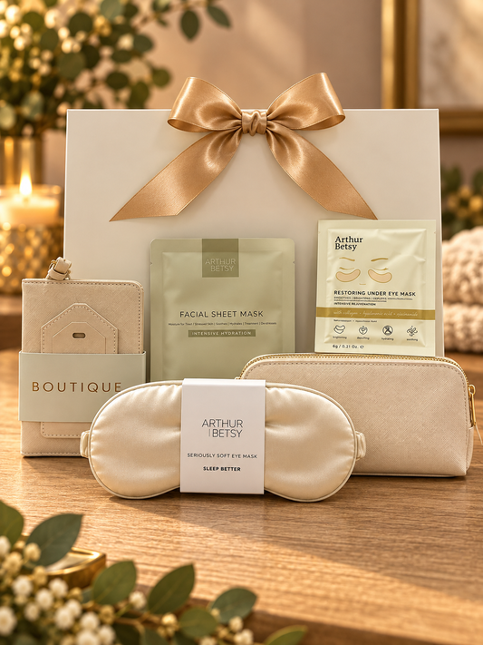 The Chic Traveller Gift Set brings a passport holder and luggage tag, cosmetic bag, silky sleep mask and hydrating face and eye masks.