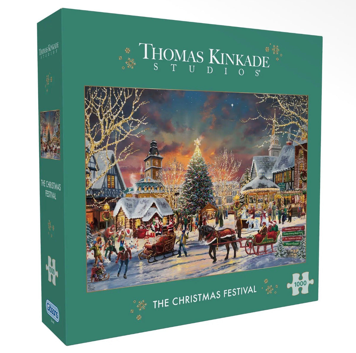 A festive 1000 piece jigsaw of a snowy Christmas market by Thomas Kinkade Studios. A cosy gift for puzzle lovers, families and Christmas Eve boxes.