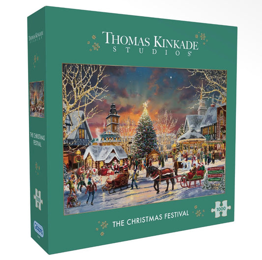 A festive 1000 piece jigsaw of a snowy Christmas market by Thomas Kinkade Studios. A cosy gift for puzzle lovers, families and Christmas Eve boxes.