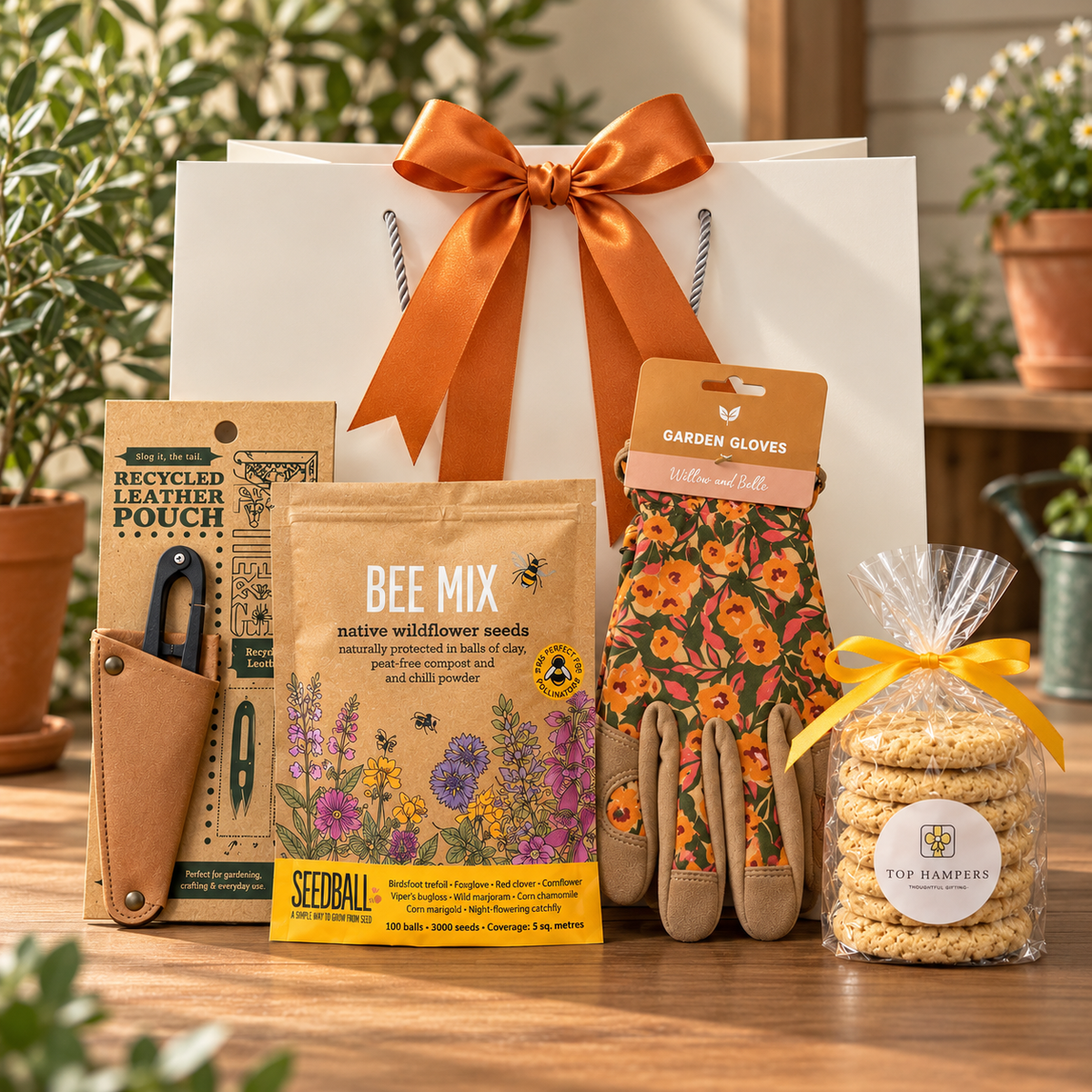 The Gardener’s Gift Bag on a wooden table, with Seedball Bee Mix native wildflower seeds, Willow and Belle floral garden gloves, a pair of snips in a recycled leather pouch and a pack of Top Hampers all butter oaties, in front of a white gift bag tied with an orange satin ribbon.