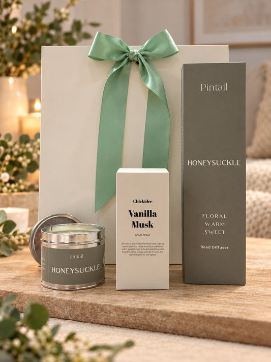 The Honeysuckle Home Scents Gift Set brings a Honeysuckle candle and reed diffuser with a Vanilla Musk home spray to fill their home with a beautiful fragrance.