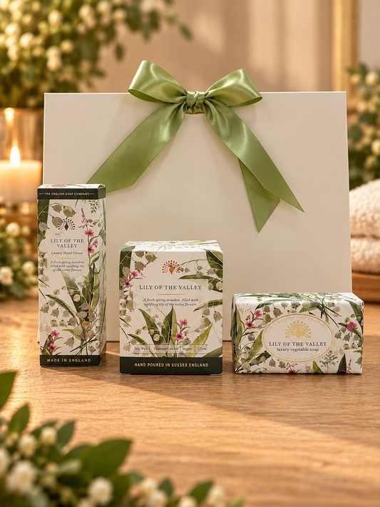 The Lily of the Valley Fragranced Gift Set brings an English Soap Company hand cream, soy wax candle and luxury soap in a fresh floral scent.