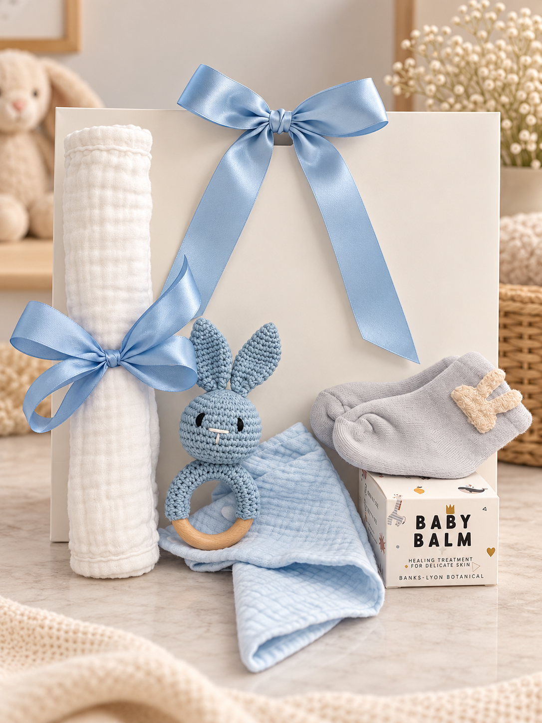 The Little Baby Boy Gift Bag brings a muslin, bib, crochet bunny ring, bunny socks and soothing baby balm for a new arrival.