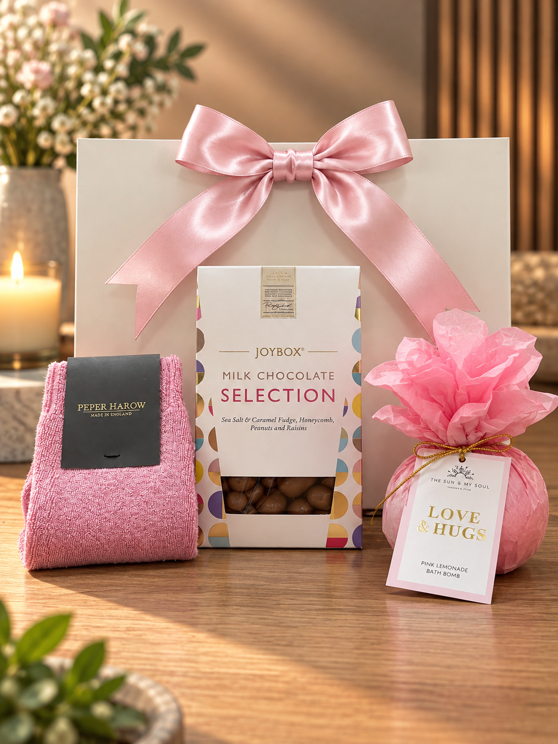 The Love & Hugs Gift Bag on a wooden table, with a pair of soft pink Peper Harow socks, a Joybox milk chocolate selection and a Love and Hugs pink lemonade bath bomb wrapped in pink tissue, in front of a white gift bag tied with a pink satin ribbon.