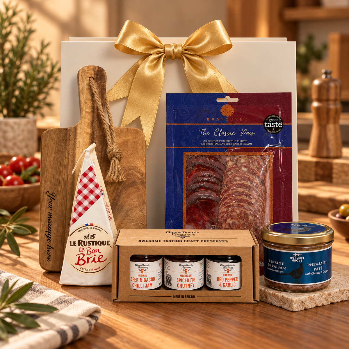 The Meat and Cheese Grazing Gift Bag Set brings a serving board, brie, cured meats, pheasant pâté and chutneys for savoury food lovers.