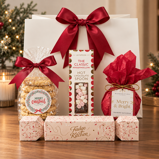 The Merry & Bright Gift Bag on a wooden table, with a pack of all butter oaties with a Merry Christmas sticker, a Joyspoon marshmallow hot chocolate spoon, a Rejuvenate My Soul cranberry bath bomb wrapped in red tissue and a Fudge Kitchen fudge cracker, in front of a white gift bag tied with a red satin ribbon.