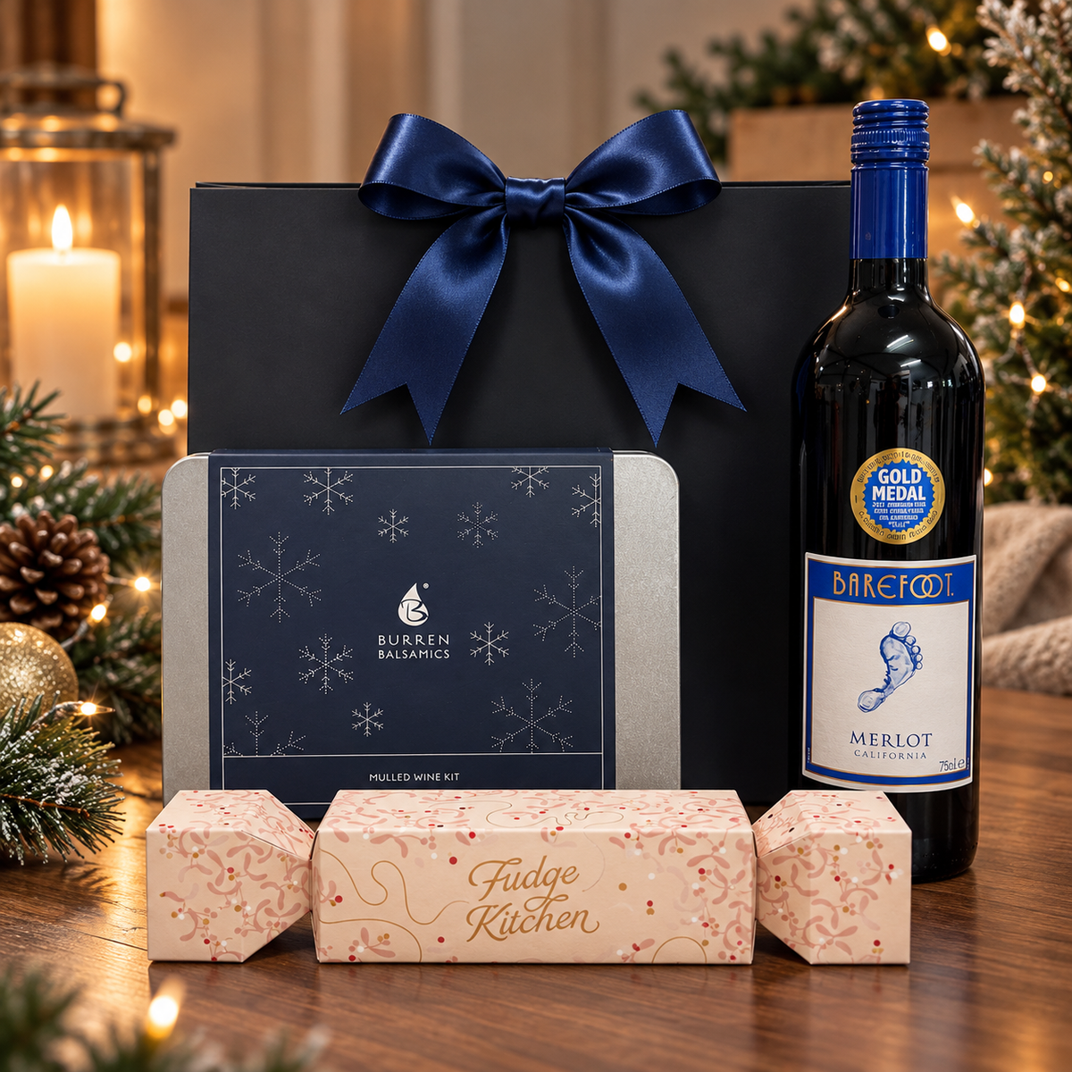 The Mulled Wine Gift Bag on a wooden table, with a Burren Balsamics mulled wine kit in a snowflake tin, a bottle of Barefoot Merlot and a Fudge Kitchen fudge cracker, in front of a navy gift bag tied with a blue satin ribbon.