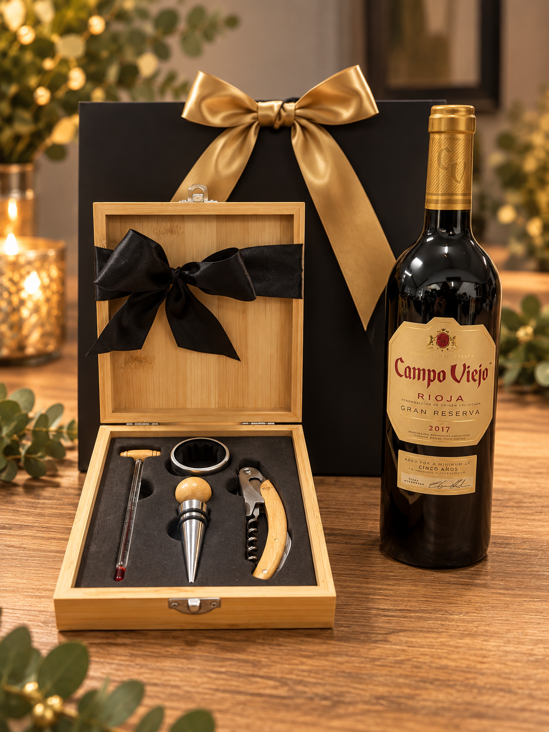 The Rioja Gran Reserva Gift Bag on a wooden table, with a bottle of Campo Viejo Rioja Gran Reserva and an open bamboo wine accessory set holding a corkscrew, bottle stopper, drip ring and wine thermometer, in front of a black gift bag tied with a gold satin ribbon.