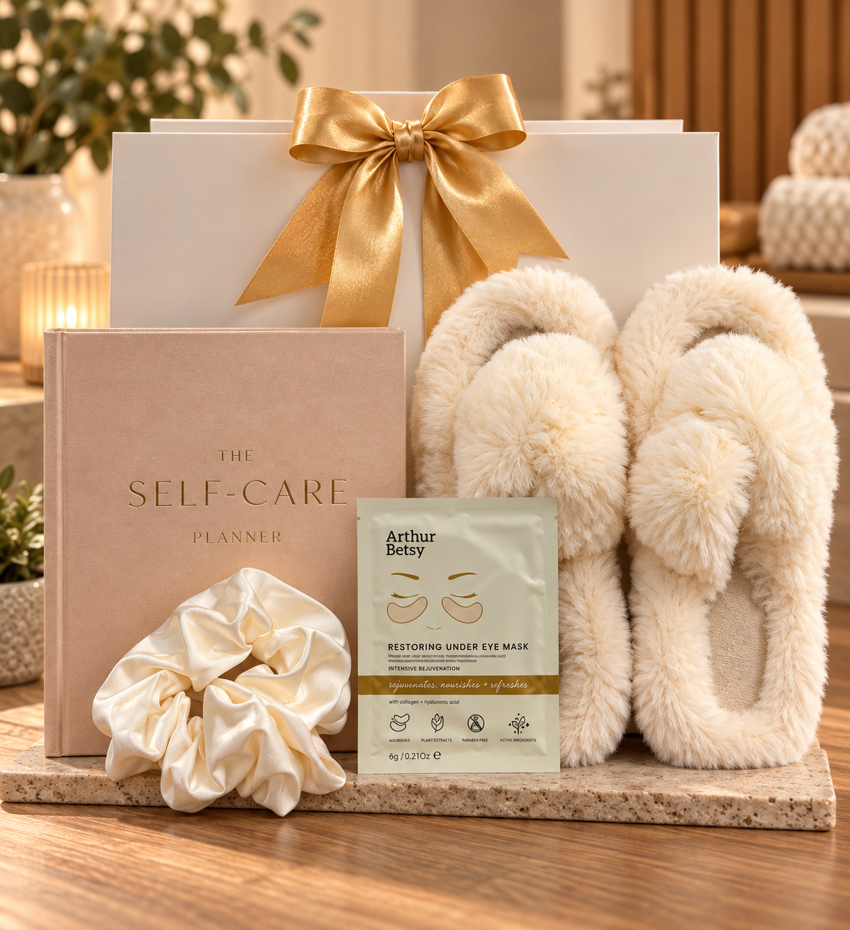 The Self Care Gift Bag Set for Her brings a self-care planner, fluffy slippers, an under eye mask and satin scrunchie to help her unwind.