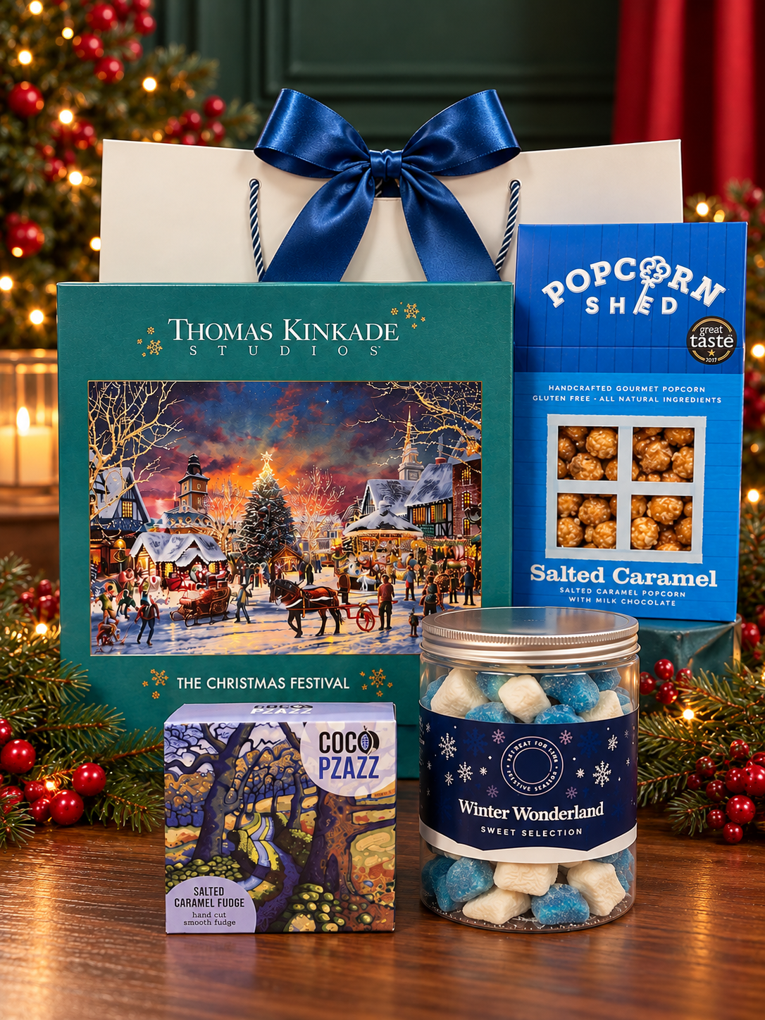 The Winter Wonderland Jigsaw and Treats Gift Bag brings a 1000-piece festive jigsaw, salted caramel popcorn and fudge, and winter sweets.