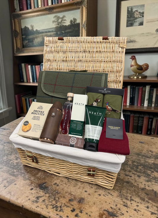 The country gentlemen’s hamper With leather hip flask, country style handkerchiefs, hand cream, luxury socks, whisky and more 