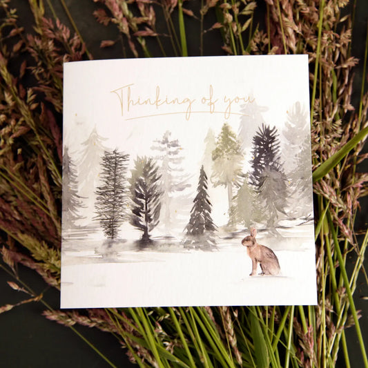 Thinking of You greeting card with hare and forest watercolour design.