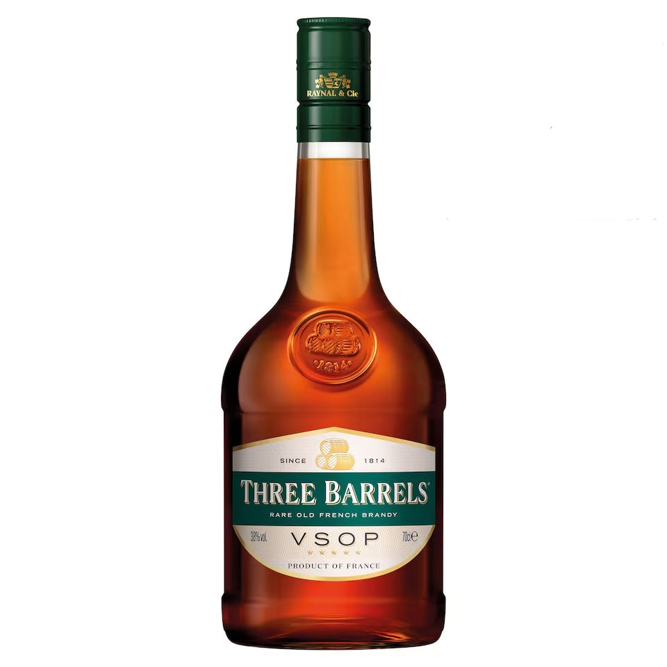 Three Barrels Rare Old French Brandy VSOP 70cl bottle.