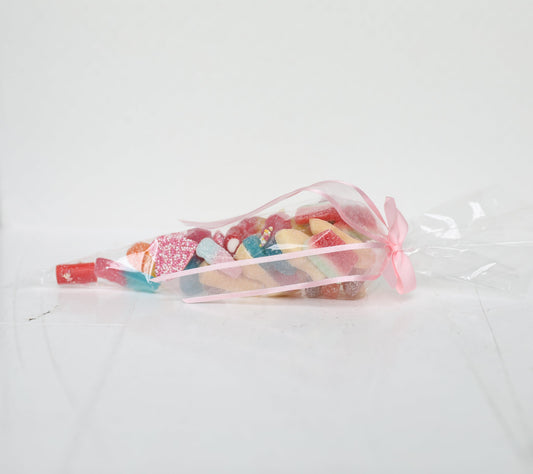Pick and Mix Sweet Cone filled with colorful assorted candies in a clear wrapper tied with a pink ribbon.