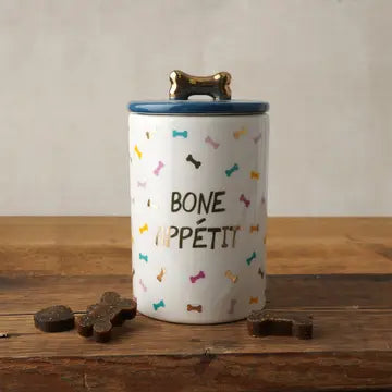 Ceramic dog treat jar with "Bone Appetit" slogan and golden bone lid.