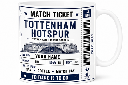 Mug with Tottenham Hotspur match ticket design on a white background