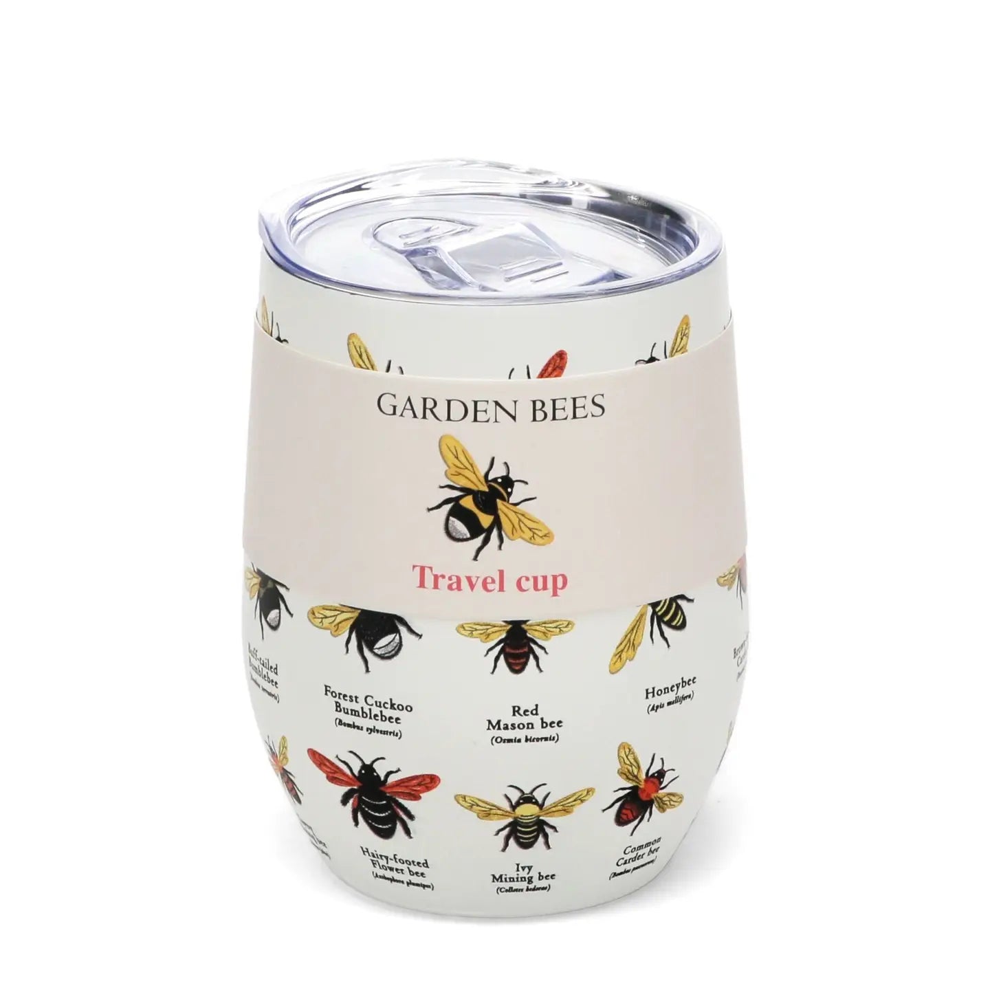 350ml Garden Bees travel cup with colourful illustrated bee species and clear drinking lid.