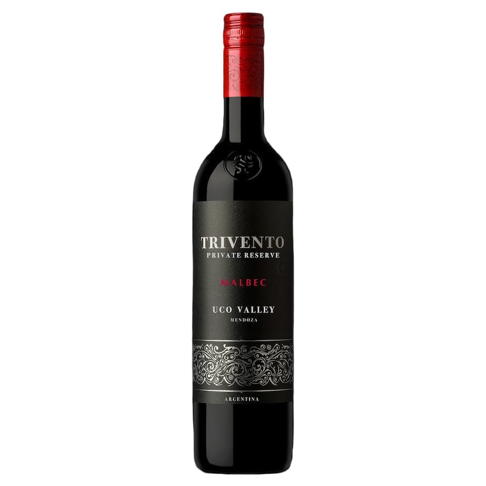 Bottle of Trivento Private Reserve Malbec from Mendoza’s Uco Valley, aged in oak with deep red colour and spicy, chocolate-tinged aromas.
