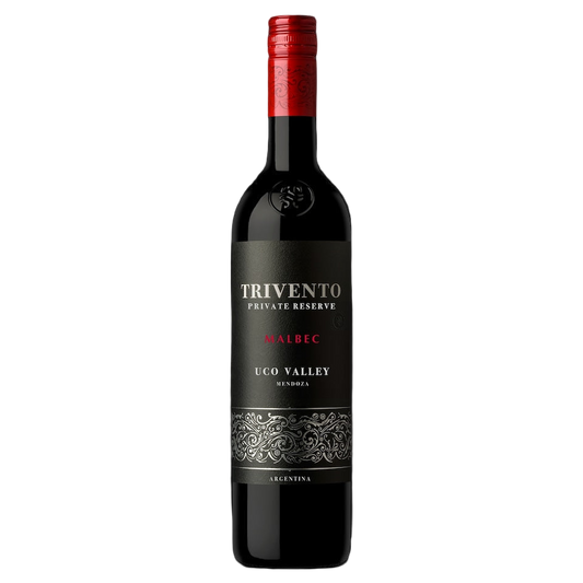 Bottle of Trivento Private Reserve Malbec from Mendoza’s Uco Valley, aged in oak with deep red colour and spicy, chocolate-tinged aromas.