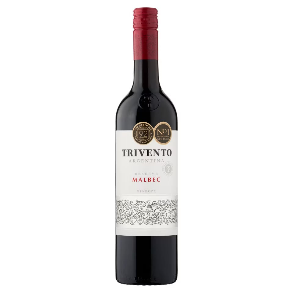 Trivento Reserve Merry Malbec 75Cl wine bottle with red and gold label, suitable for vegans.