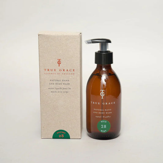 True Grace Wild Mint Hand and Body Wash 240ml in amber glass pump bottle.
