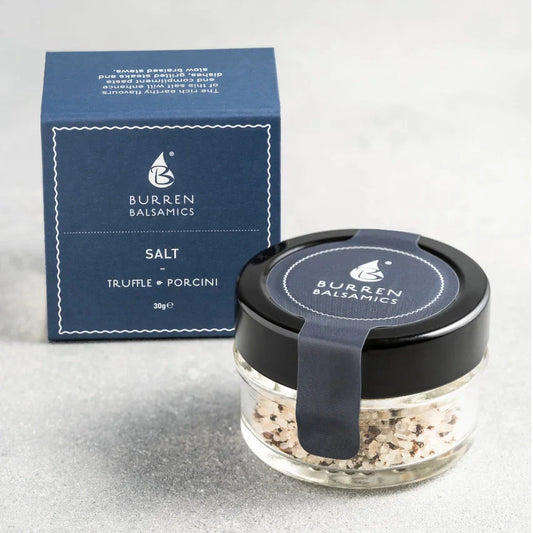 Truffle and Porcini Salt in glass jar with box packaging, gourmet seasoning.