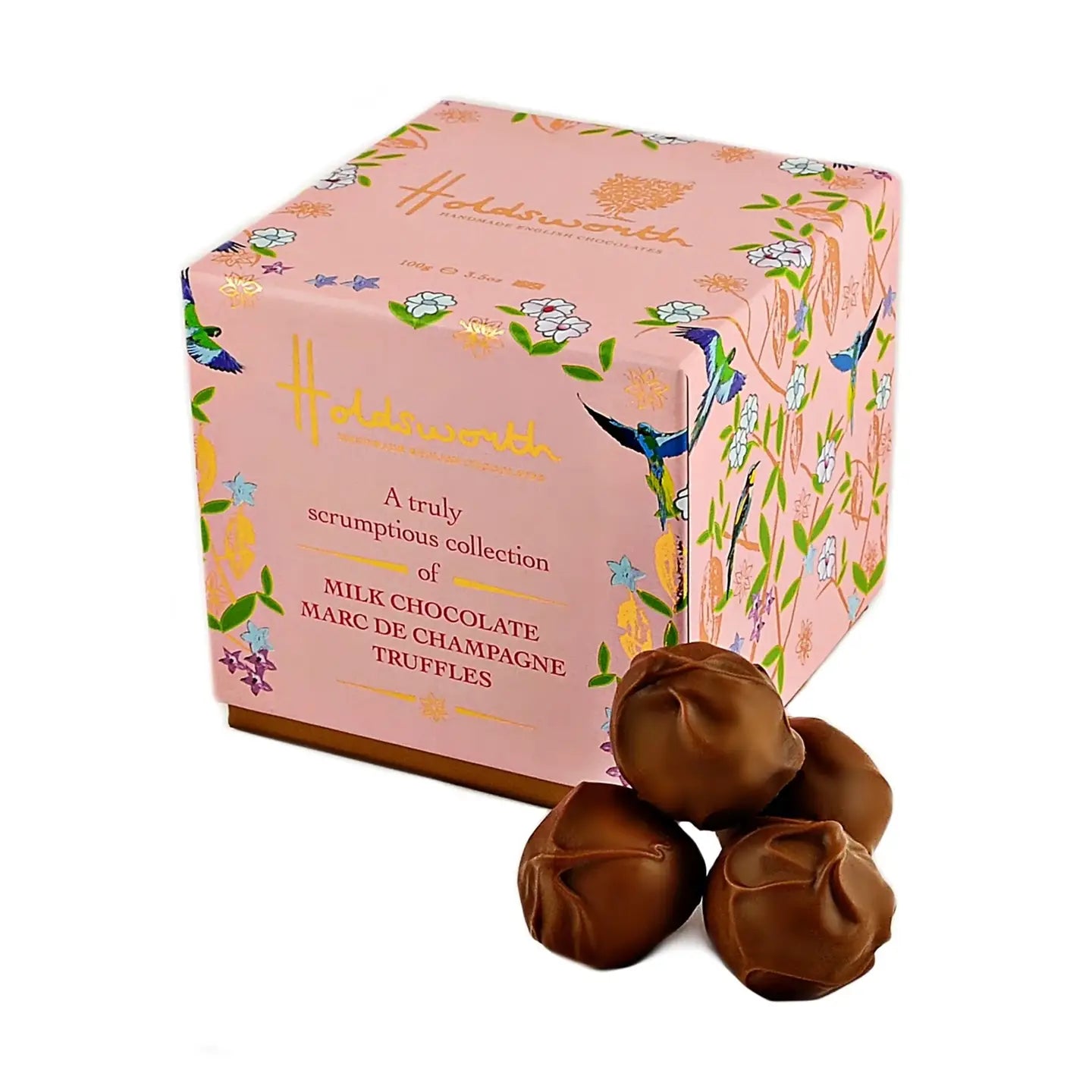 Holdsworth Chocolates pink foil embossed cube gift box with Marc de Champagne milk chocolate truffles