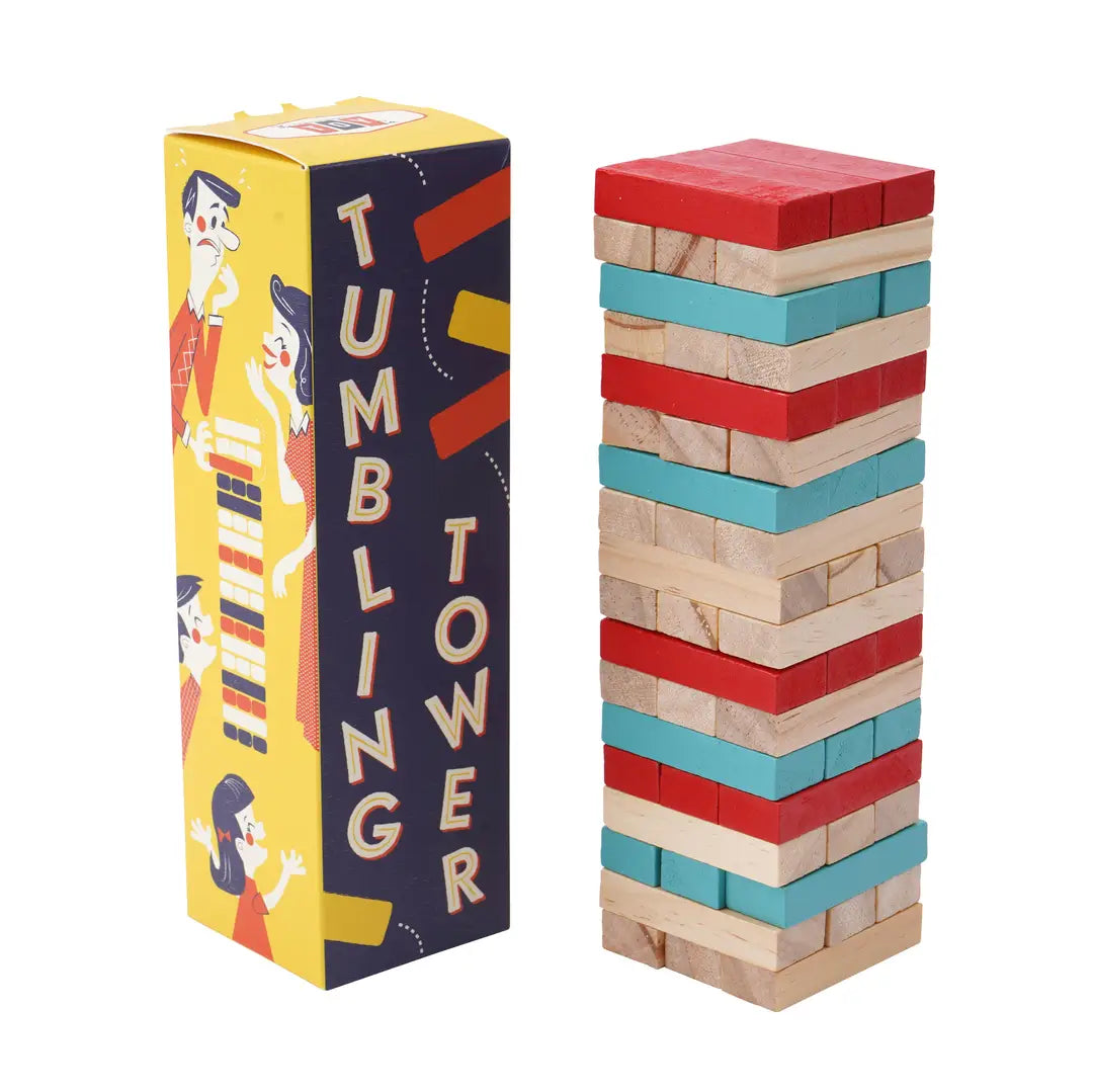 Colourful wooden tower stacking game with blocks, perfect for family game nights, parties and all ages.