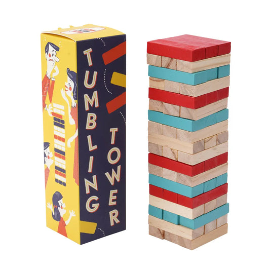 Colourful wooden tower stacking game with blocks, perfect for family game nights, parties and all ages.