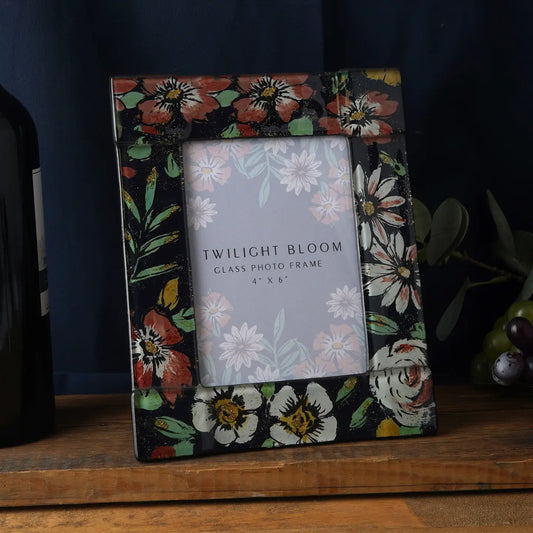 Twilight Bloom Glass 6x4 photo frame with navy floral design, elegantly gift-boxed.