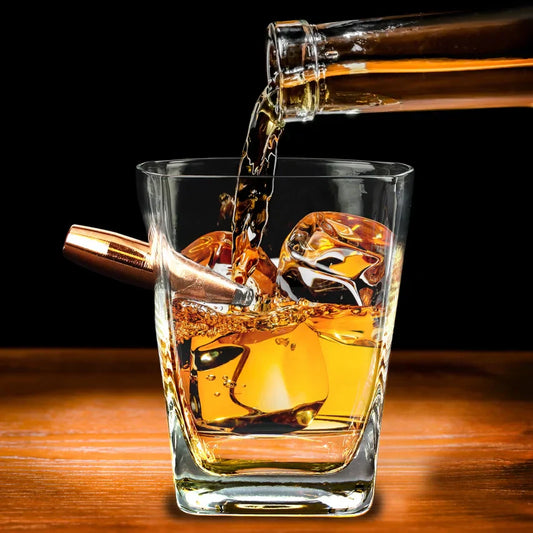 Unique "Last Man Standing" whiskey glass with faux bullet design.