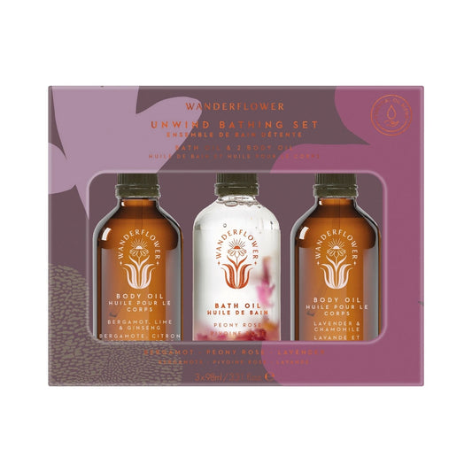 Wanderflower Bath & Body Oils Set with peony rose, bergamot & lime, and lavender & chamomile oils, perfect for relaxation and hydration.