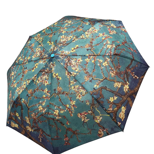 Van Gogh Almond Blossom Print Umbrella with blooming branches on teal background.