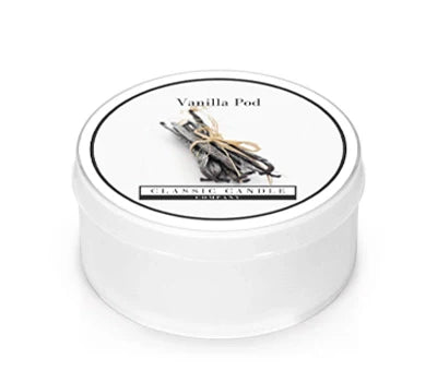 Vanilla Pod Mini Candle in white container with vanilla pod image on lid.