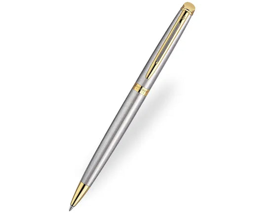 The Waterman Hemisphere ballpoint pen features sleek brushed steel, 23k gold accents, and a slim profile for elegant, comfortable writing.