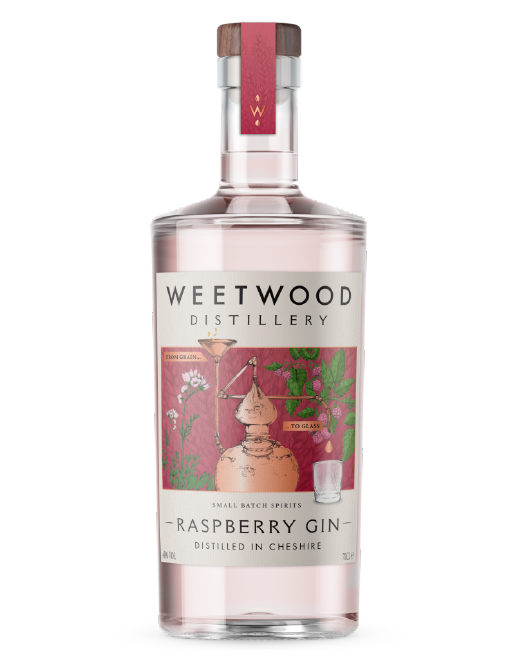 Raspberry Gin bottle from Weetwood Distillery, small batch spirits.