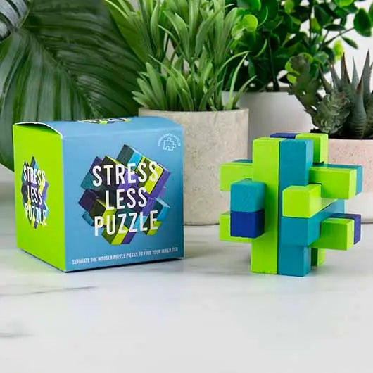 "Stress Less" wooden puzzle game for mental clarity and relaxation.
