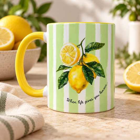 When Life Gives You Lemons Mug with watercolour lemons and green stripes. A cheerful gift for friends, pick-me-ups, birthdays and Mother's Day.