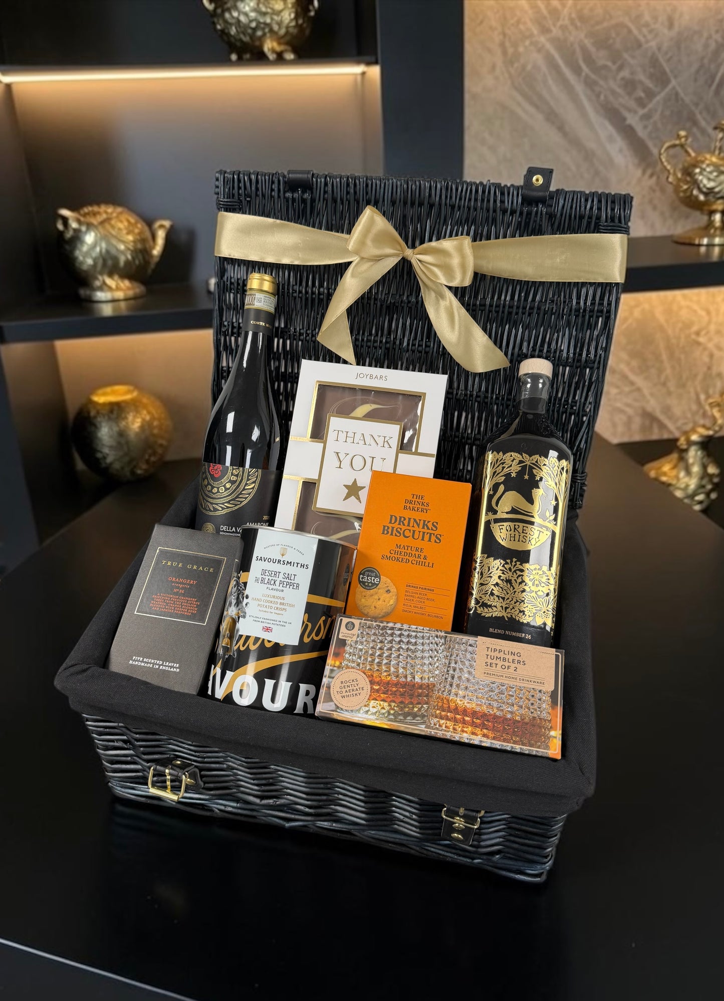 Thank you hamper with forest whisky, red amarone wine and gourmet treats 